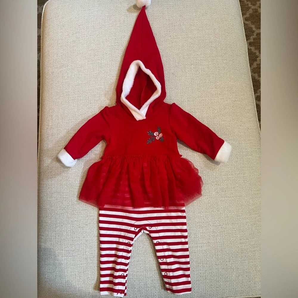 CHRISTMAS CAT & JACK BABY GIRLS SANTA ROMPER HOOD RED TUTU HOLIDAY 3-6 MONTHS